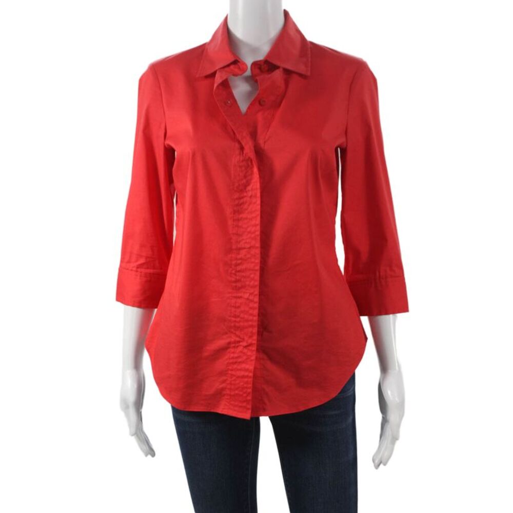 Worth Womens Collared Button Up Top Red 3/4 Sleeve Petite Size 0P
